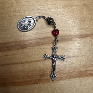 Silver-tone Crucifix and Red Heart Rosary Charm